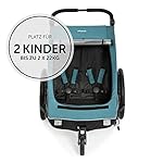 Hauck Fahrrad Anhänger 2 Kinder Dryk Duo inkl. Deichsel, Buggyrad und Fahne, Klappbar, Groß, XL Stauraum, Einfache Befestigung am Fahrrad, Nutzung als Buggy, Petrol