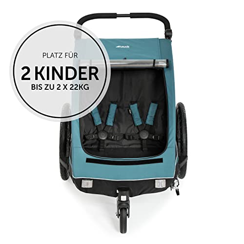 Hauck Fahrrad Anhänger 2 Kinder Dryk Duo inkl. Deichsel, Buggyrad und Fahne, Klappbar, Groß, XL Stauraum, Einfache Befestigung am Fahrrad, Nutzung als Buggy, Petrol