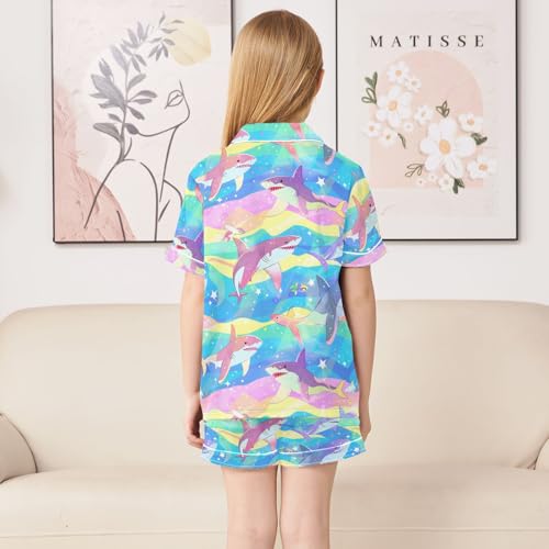 ALAZA Cute Shark Whale Rainbow Satin Pajamas Set Short Sleeve Button Down Sleepwear Summer Pjs 2 Piece4