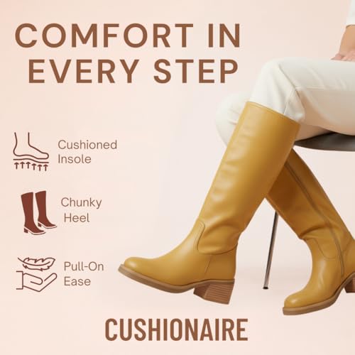 Image of CUSHIONAIRE Sawyer Genuine Leather Tall Chunky Heel Womens Boots - Pull On Casual Knee High Boots for Women