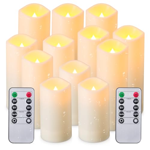 Image of 12-Pack Flameless LED Candles with Remote & Timer, 4 Sizes (3.9 inch to 6.9 inch), Waterproof Outdoor Pillar Candles, Realistic Flame & Steady Light Modes for Wedding, Patio, Party