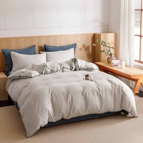 Image of VM VOUGEMARKET Beige Grey Duvet Cover Set with Blue Stripes 3pcs Yarn Dyed Muslin Cotton Vertical Striped Ticking Pattern Bedding Set Without Comforter - Queen Size