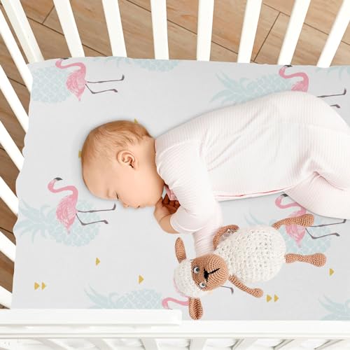 Image of CaTaKu Baby Crib Sheets Cute Pineapple Flamingo Hawaii Mini Crib Sheets Fitted for Girls Boys,Neutral Soft Toddler Mattress Bed Sheets for Crib,27 inchx 39 inch