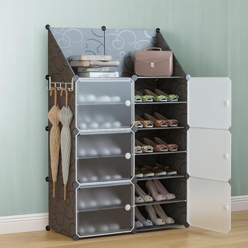 Image of Strassis Design Plastic Shoe Rack for Home | 12 Shelf DIY Shoe Rack with Door Magnets for Home Storage Plastic Box Organizer, Metal Door Frame, Chappal Slipper Sandals Stand (Black 6 Door, Y4)