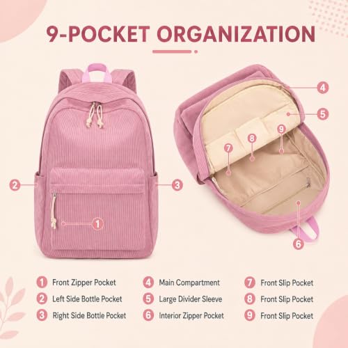 Image of BTOOP School Backpack for Teens Large Corduroy Bookbag Lightweight 15.6 inch Laptop Bag for Girls Women Casual High School College