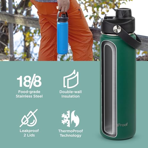 Image of ThermoProof Double-Walled Vacuum Insulated Stainless Steel Water Bottle - Wide Mouth with Chug & Spout Lids, Dishwasher Safe, Reusable, Leakproof, Hot & Cold for Men, Women - 22oz, Forest Green