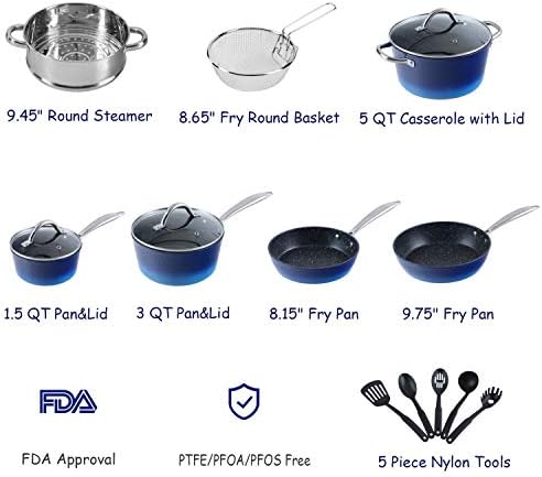 Kitchen Academy 15 Pieces Non-Stick Cookware Set, Nonstick Induction Granite-Coated Pot Pan Set, Includes Lids, Frying and Pans Accessories - Aluminium Hammered Blue