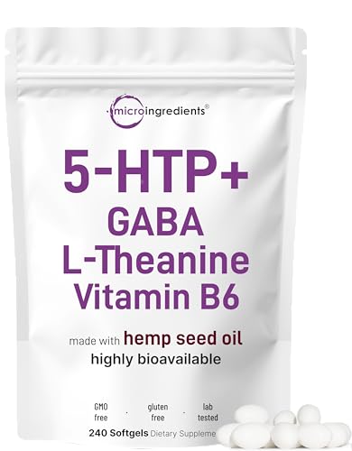 Micro Ingredients 5-HTP 200mg 240 Softgels | Extra Strength 5-Hydroxytryptophan Complex with GABA L-Theanine Vitamin B6 | Highly Bioavailable with Hemp Seed Oil Carrier | Non-GMO