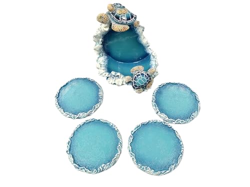 De Leon Collections Round 4-Piece Coaster Set With Decorative Holder, 3.5 Inch Polyresin, Blue Sea Turtles