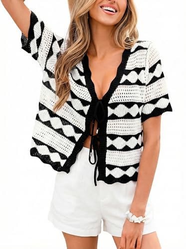 CUPSHE Women Swimsuit Cover Ups Tops Knit Short Sleeve Striped