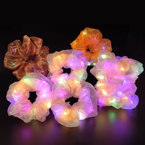 Light Up Scrunchies, Double-layer LED Scrunchy Hair Ties Glow in the Dark Party Supplies Glow Sticks Party Favor Festival Rave Accessories for Women Neon Party Gifts(9PCS-Pink Set)