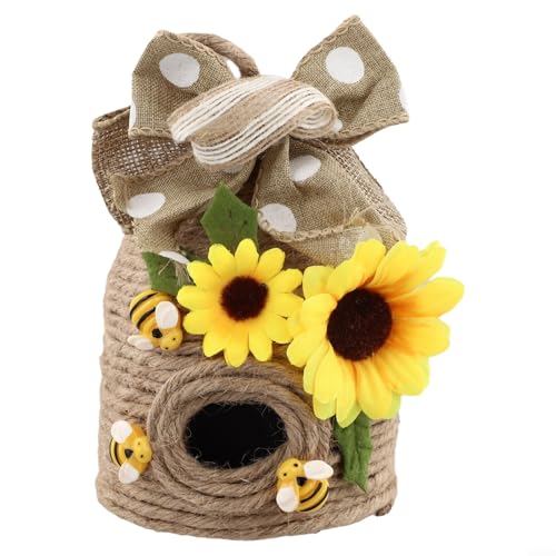Décoration de ruche en corde sur le thème du printemps en chanvre naturel avec nœud à carreaux de buffle pour cheminée rustique Plateau à étages pour salon (D)