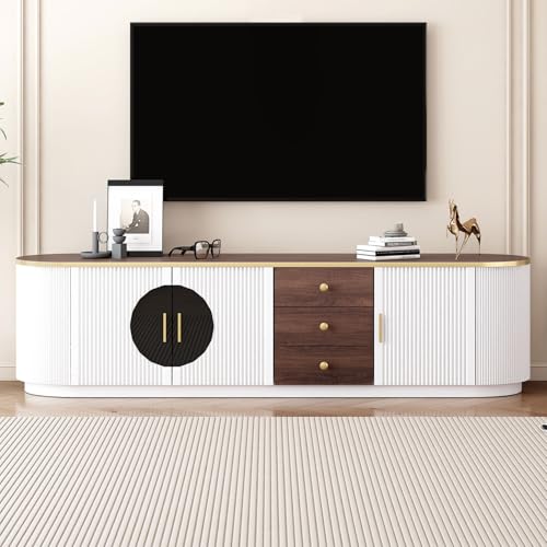 Image of 70.8 inch Modern TV Stand with Glass Doors & Storage Drawers, Fluted Media Console for TVs Up to 90 inch, Entertainment Center with Shelves & Cable Management - Gold Accents, Walnut Finish,White
