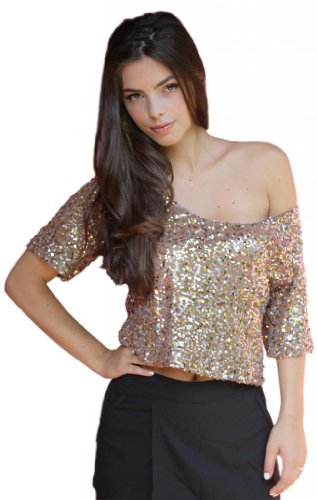 LookbookStore Woman Cover-up Bling Sequined Slouchy T Shirt Top Tee Gold