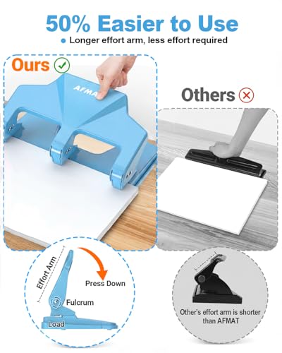 Image of AFMAT 3 Hole Punch Heavy Duty, 40-Sheet Three Hole Punch, 50% Reduced Effort, 3 Hole Puncher for Binder w /Large Chip Tray, 9 /32 inch Holes Diameter, Metal Paper Puncher for Home /Office /School, HP14(Cyan)