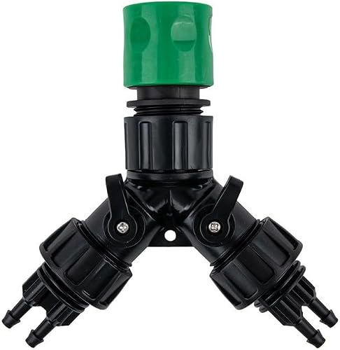4-Way Drip Irrigation Tap Adapter for Garden, 3/4 Inch Splitter with 1/4'' Hose Connectors, Automatic Watering System for Bonsai, Pot Plants, Greenhouse, Black and Green
