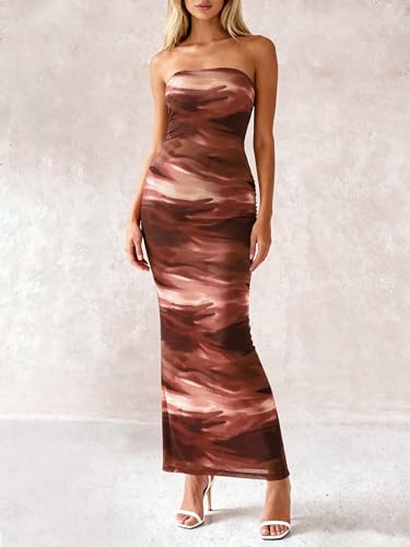 Image of PRETTYGARDEN Women Summer Strapless Maxi Dress Bodycon Floral Sexy Long Wedding Guest Dress Formal Tube Mesh Cocktail Dresses