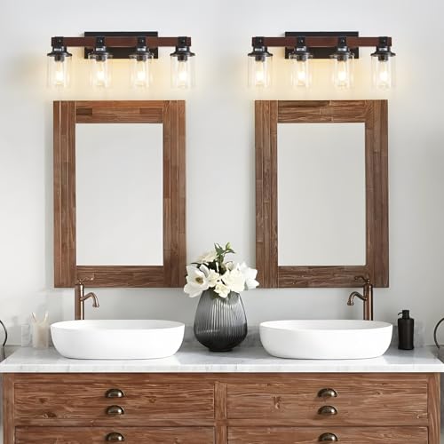 Image of 4 Lights Wood Farmhouse Vanity Lights Fxtures Rustic Bathroom Lights Over Mirror with Clear Glass Shade Black Industrial Wall Sconce for Bathroom Bedroom Hallway Kitchen