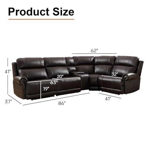 Dark Brown Leather L-Shaped Reclining Sectional Couch with Console