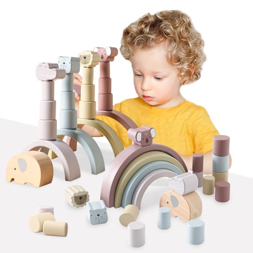 Smartwo Arcoiris de Madera Montessori - Juguetes Aapilables Bebe 1 Año, Juguetes Madera 1 2 Años Montessori, Bloques Motricidad Fina, Juegos Educativo, Regalo Ideal para Niños 1 2 Años