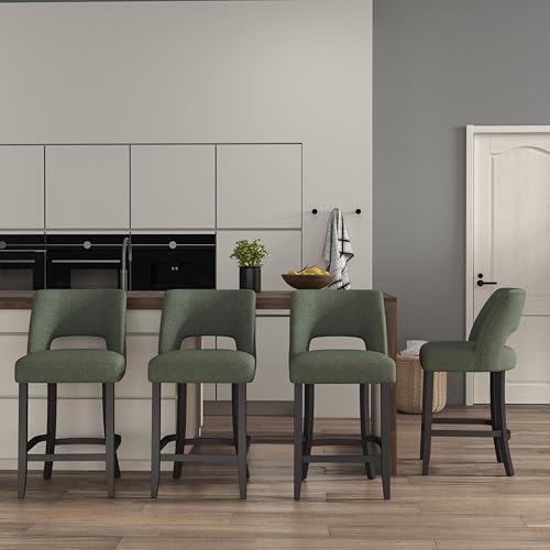 Image of VKNOW Bar Stools Set of 4, 26 inch Upholstered Counter Height Bar Stools | Modern Counter Stools with Black Rubberwood Legs for Kitchen Island Dining Room Bar, Green-Black Legs