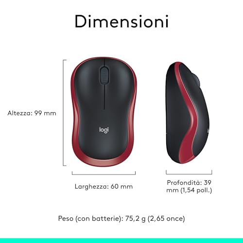 Logitech M185 Mouse Wireless, 2,4 GHz con Mini Ricevitore USB, Durata Batteria di 12 Mesi, Tracciamento Ottico 1000 DPI, Ambidestro, Compatibile con PC, Mac, Laptop - Rosso - 10