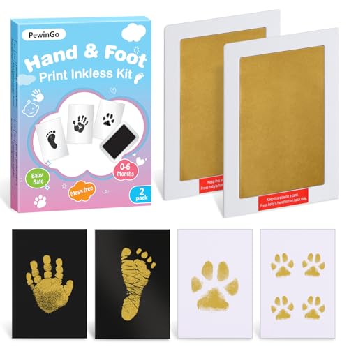 PewinGo Kit Empreintes de Main et de Pied Bébé Taille XL,2 Tampons à Empreintes sans Encre pour Bébé,4 Cartes à Empreintes,sûr pour le Bébé,Cadeaux Souvenir pour Nouveau-né,Empreintes de Patte,Doré