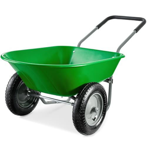 Image of Best Choice Products Dual-Wheel Home Utility Yard Wheelbarrow Garden Cart w /Built-in Stand for Lawn, Gardening, Construction - Bright Green