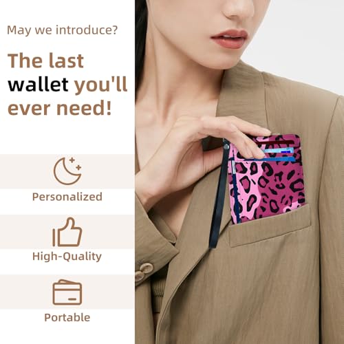 Credit Holder Slim Wallet, PU Leather RFID Blocking, Women & Men Front Pocket Small Card Holder, Credit Card Wallet with Wristlet, Convenient Travel Business, Pink Leopard Print4
