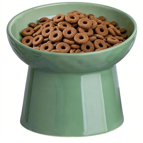 YauYik Raised Cat Bowl, Elevated Cat Food Bowls with Tilted Angle, Stress Free, Anti Vomiting, Ceramic Water Bowl for Cats Small Dogs Feeding Dish, 8 Ounces (Green-1)