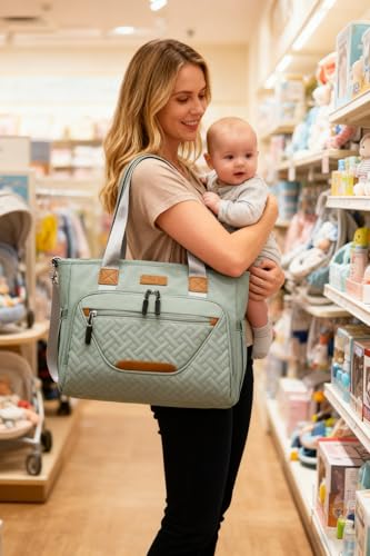 Image of FHELAD Diaper Bag Tote, Large Tote Diaper Bag with 16 inch Laptop Compartment, Baby Bag with Insulated Pocket for Mom and Dad, Ideal for Travel, Work (Morandi Grey)