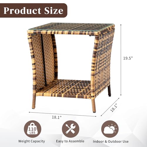 Wicker Rattan Side Table, Outdoor Square Rattan Coffee End Table with Tempered Glass Top and Storage for Patio Porch Lawn (Yellow Gradient)