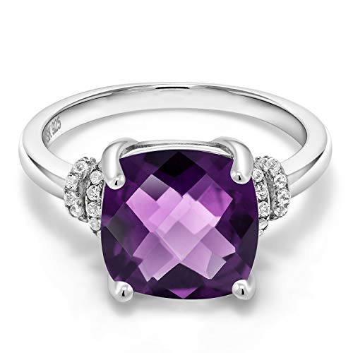 Gem Stone King 925 Sterling Silver Purple Amethyst Engagement Ring For Women (3.74 Cttw, Cushion Checkerboard 10MM, Gemstone Birthstone, Available In Size 5, 6, 7, 8, 9)