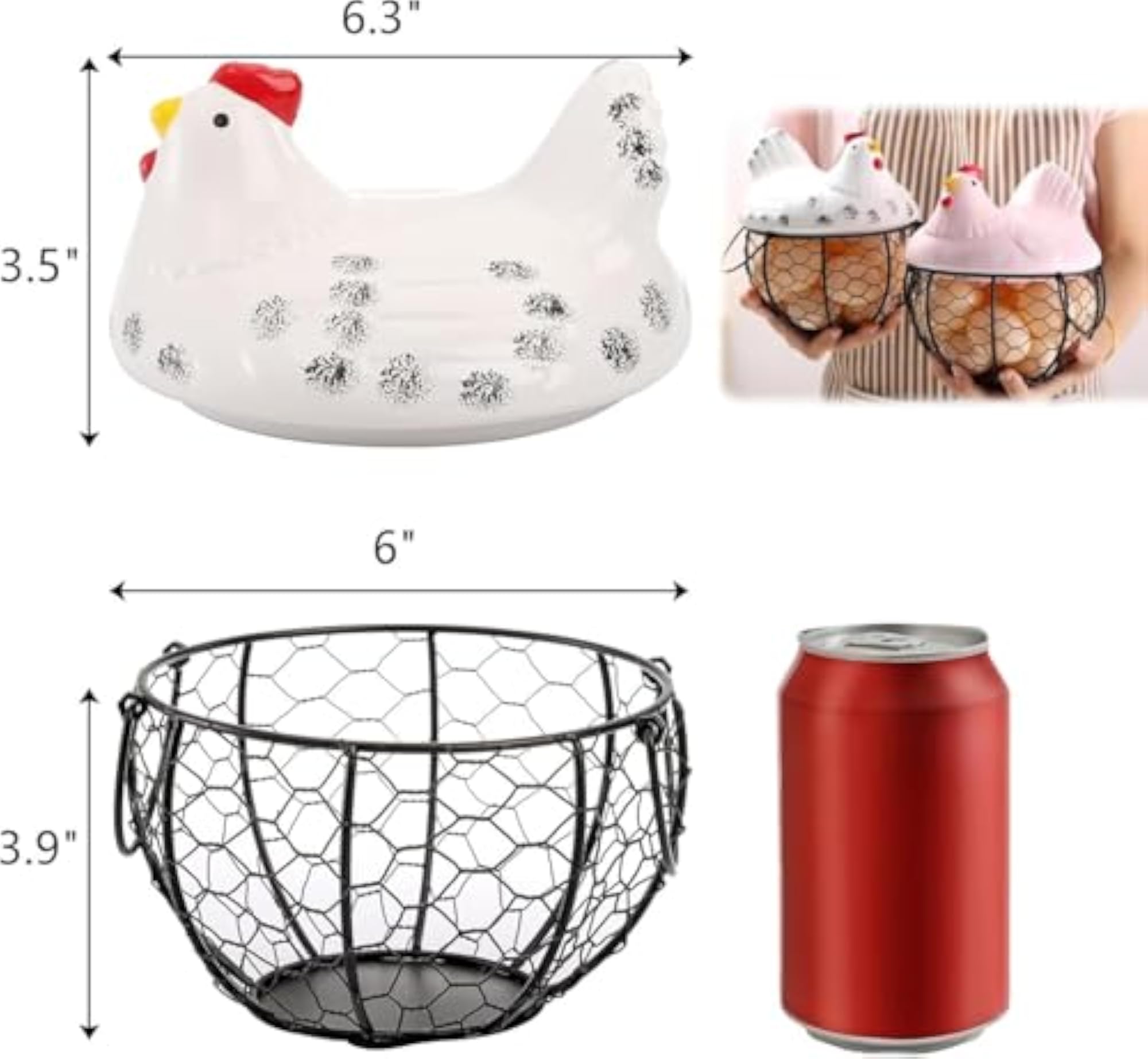 Chicken Egg Basket with Ceramic Lid, Decorative Storage