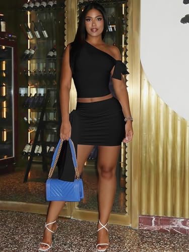 Image of Women Two Piece Skirt Set Sexy Tie Crop Top & Mini Skirts Outifts | Soft Breathable, Built-in Short, Sleeveless One Shoulder Tops, Multi-wear, Summer Party Club Outfit, Bodycon Mini Skort Sets