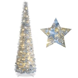 5ft pencil christmas tree silver with lights pop up christmas tree collapsible artificial tinsel slim christmas tree skinny xmas trees with star sequins and warm lights for home winter decorations  urban country home decor
