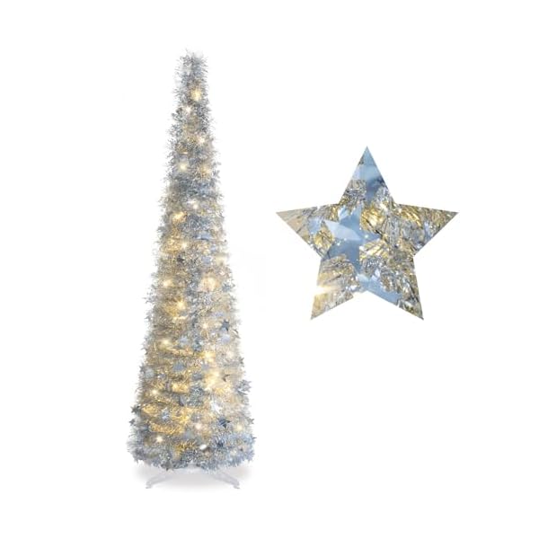 5ft pencil christmas tree silver with lights pop up christmas tree collapsible artificial tinsel slim christmas tree skinny xmas trees with star sequins and warm lights for home winter decorations  urban country home decor