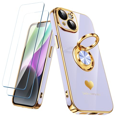 Coque iPhone 14 lavande souple avec 2 verres trempés et anneau
