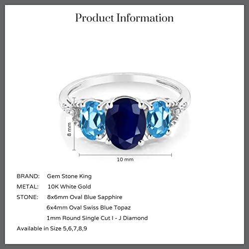 Gem Stone King 10K White Gold Blue Sapphire Swiss Blue Topaz and Diamond Accent 3-Stone Engagement Ring for Women | 2.84 Cttw | Oval 8X6MM and 6X4MM | Available In Size 5, 6, 7, 8, 94