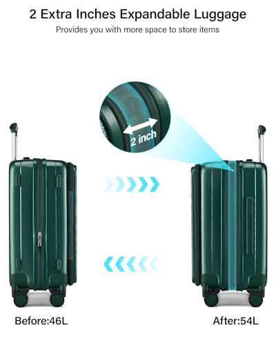 Image of Hanke 56cm Expandable Cabin Trolley Bag, 15.6 Inch Laptop Compartment, Top Opening Hard Shell Polycarbonate, 8 Durable Silent Spinner Wheels, Lightweight Carry On Suitcase for Women,Blackish Green