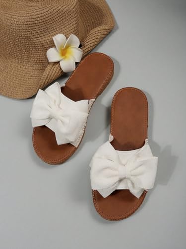 Gorglitter Women'S Bow Knot Flat Sandals Open Toe Slip On Slide Slipper Single Band Flats White 9.5 thumb #1