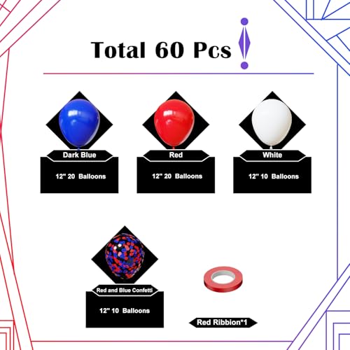 Image of Lukiituke Red White and Blue Balloons, 60Pcs Red and Blue Balloons | 12in Latex Balloons for Independence Day, Patriotic, Memorial, Birthday Decorations