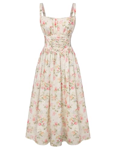 Scarlet Darkness Floral Dress for Women 2026 Corset Milkmaid Dresses Casual Summer Sundress with Pockets Vintage L