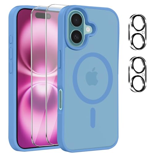 #Commissioniguadagnate<br>Magnetic Cover per iPhone 16 Compatibile con 2 vetri temperati e 2 vetri per fotocamera Translucent Matte Slim Back PC TPU Bumper Shockproof Blu