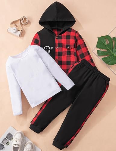 Image of Toddler Boy Clothes Plaid Hooded Shirt White T-shirt Top and Solid Color Pants 3Pcs Winter Boys Clothes