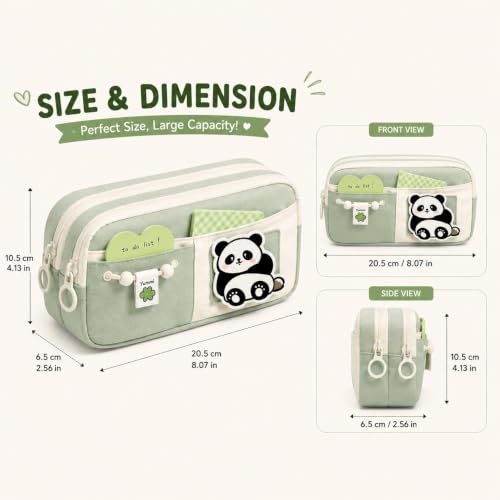 Image of Cute Aesthetic Pencil Case for Girls & Boys | 3 Layer 6 Compartment Large Capacity Pencil Pouch with Zipper | Cartoon Stationery Organizer Bag for Students & Kids (Green)