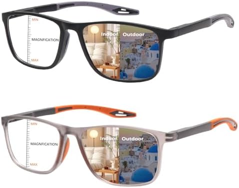CLASAGA Progressive Multifocal Reading Glasses Photochromic Gray Sunglasses for Men Sports Style Blue Light Blocking Readers (Black&grey, 1.0, x)