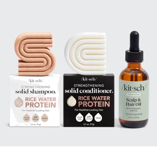 Kitsch Rice Water Shampoo and Conditioner Set + Pre-Wash Scalp Serum with Rosemary and Biotin - Shampoo and Conditioner Bar to Strengthen & Nourish Hair & Scalp, Hair Care Bundle - 3pc Set
