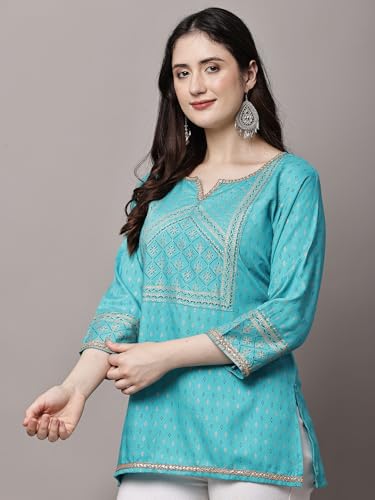 Image of Women's Pink Printed Short Kurti with Lace Trim, 3 /4 Sleeves, Ethnic Indian Style Top