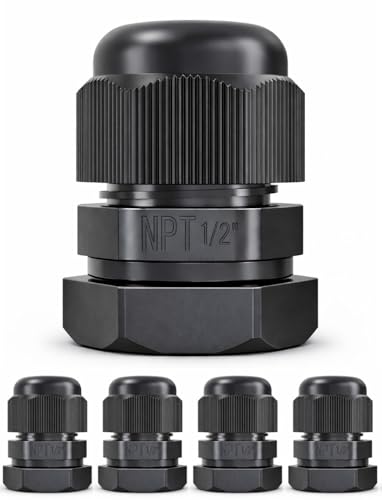 MGI SpeedWare 1/2" NPT Strain Relief Nylon Cord Grip Cable Glands, Black Plastic Grommet 5-Pack